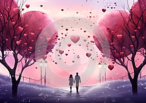 Illustration of a couple in love walking in the park around a magical red heart tree. Heart as a symbol of affection and