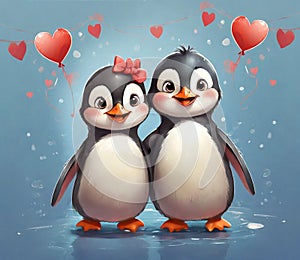 Illustration of couple of penguins in love