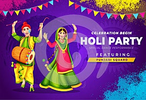 illustration of couple playing Bhangra in disco party banner poster invitation for Happy holi festival of India