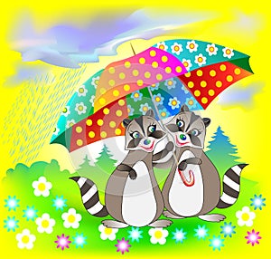 Illustration of couple of raccoons holding umbrella.