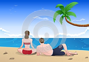 illustration of a couple sit relaxing on beach vacation