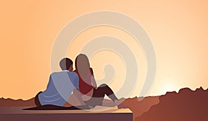 Illustration of a couple sitting on a cliff and looking at the sunset