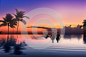 Illustration of a couple watching the tropical sunset in an infinity pool while on vacation. Ai generated