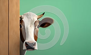 Illustration of a cow looking out from behind a wooden fence on a green background 1
