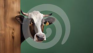 Illustration of a cow looking out from behind a wooden fence on a green background 2