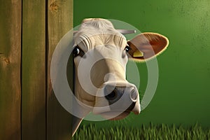 Illustration of a cow looking out from behind a wooden fence on a green background