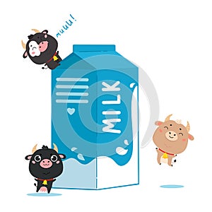Illustration of cow and ox with a package of milk. photo