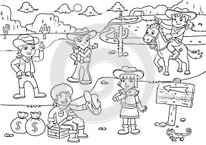 Illustration of cowboy Wild West child cartoon for Coloring.