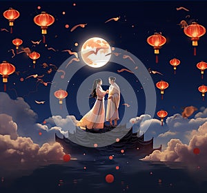 Illustration of Cowherd and Weaver Girl Meeting on Qixi Valentine\'s Day