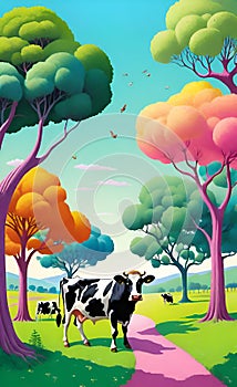 Agroforestry Scene: Cows Grazing Amidst Trees and Greenery photo