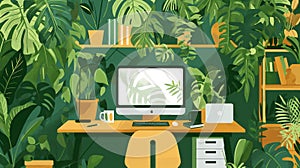 Illustration of a cozy, vibrant home office setup surrounded by lush green plants, featuring a desktop computer on a wooden desk