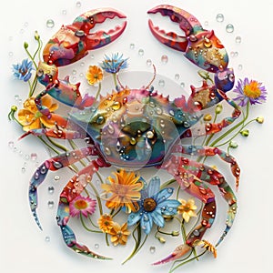 Illustration of crab made from wildflowers on white background. Stylized marine creatures. Save planet, Ecological problems,