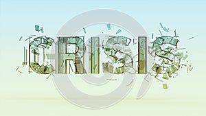 illustration of cracked word crisis on color bacground, financial, world, war disaster concept render