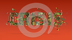 illustration of cracked word crisis isolated on color bacground, financial, world, war disaster concept render