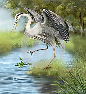 Illustration, crane hunting a frog in the water.