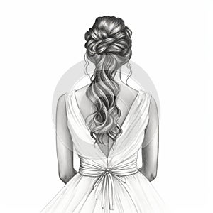 illustration of crayon drawing of a bride back view simple and elega, Generative ai