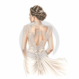 illustration of crayon drawing of a bride back view simple and elega, Generative ai