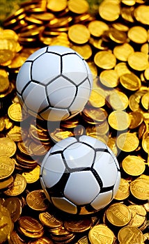 Two white soccer balls on a hord of golden coins photo