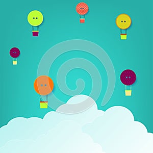 Illustration for creative background. Buttons made hot air balloon in the sky and origami clouds.