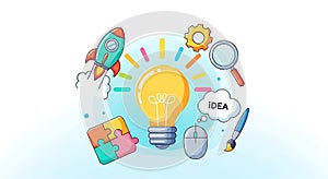 Creative Idea Concept Light Bulb, Rocket, Puzzle, Gear