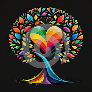 illustration of creative logo tree of life with colorful leaves on black background