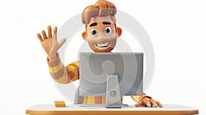 An illustration of a creative young man working on computer, standing, waving his hand on a white background. A