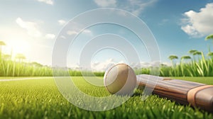 An illustration of cricket sport gear laying on green grass against a blue sky background.