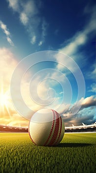 An illustration of cricket sport gear laying on green grass against a blue sky background.