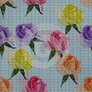 Illustration. Cross-stitch. Rose flowers. Texture of flowers. Seamless pattern for continuous replicate. Floral background,