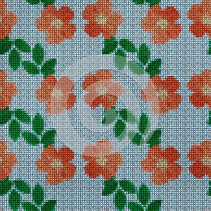 Illustration. Cross-stitch. Rosehip flowers. Texture of flowers. Seamless pattern for continuous replicate. Floral background,