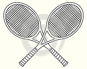 Illustration of crossed tennis rackets. Logotype for sports club or team logo. Lineart illustration with handles crossed.