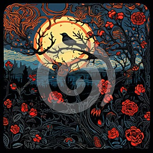 an illustration of a crow sitting on a tree branch in front of a full moon