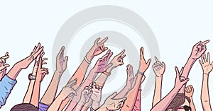 Illustration of crowd cheering with raised hands at music festival