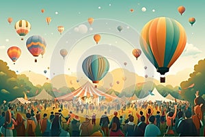 Illustration of a crowd of people enjoying a hot air balloon festival, Big festival outdoors with music and balloons, AI Generated