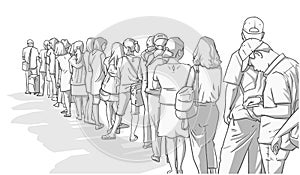 Illustration of crowd of people standing in line in perspective