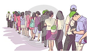 Illustration of crowd of people standing in line in perspective