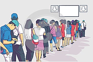 Illustration of crowd of people standing in line in perspective