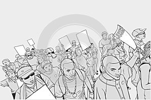 Illustration of crowd protesting against police brutality, with blank signs