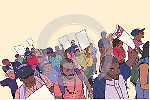 Illustration of crowd protesting against police brutality, with blank signs
