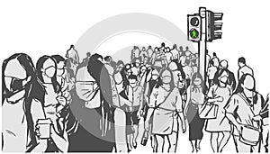 Illustration of crowd of women walking, crossing street, wearing face masks