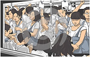 Illustration of crowded metro, subway cart in rush hour