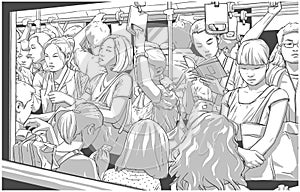 Illustration of crowded metro, subway cart in rush hour