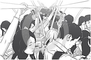 Illustration of crowded metro, subway cart in rush hour