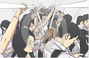 Illustration of crowded metro, subway cart in rush hour