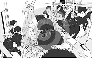 Illustration of crowded metro, subway cart in rush hour