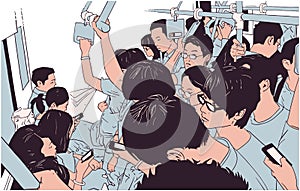 Illustration of crowded metro, subway cart in rush hour