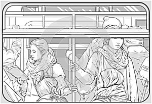 Illustration of crowded metro subway passenger car