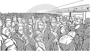 Illustration of crowded metro, subway station. People boarding cart in rush hour.