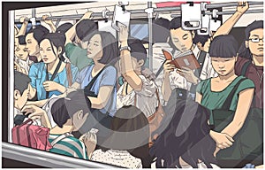 Illustration of crowded metro, subway cart in rush hour