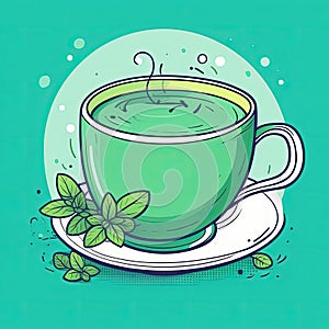 Illustration of cup of green tea with green leaf on top of it Isolated on green background,showcasing serene moment of